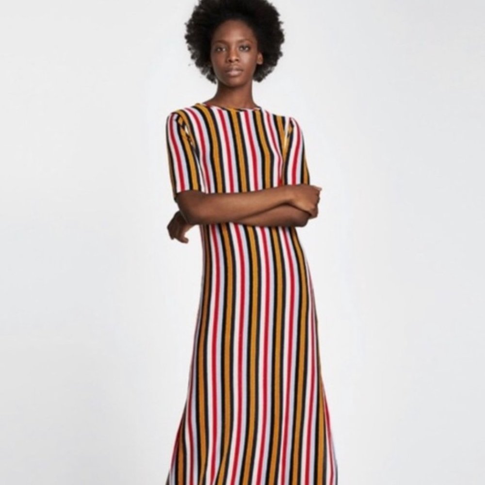 Zara Knit Midi Dress Multicolor Striped Crewneck S